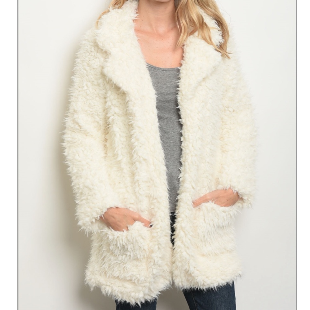 ❤️1 MED❤️Ivory Shaggy Faux Fur Open Jacket - Picture 6 of 7
